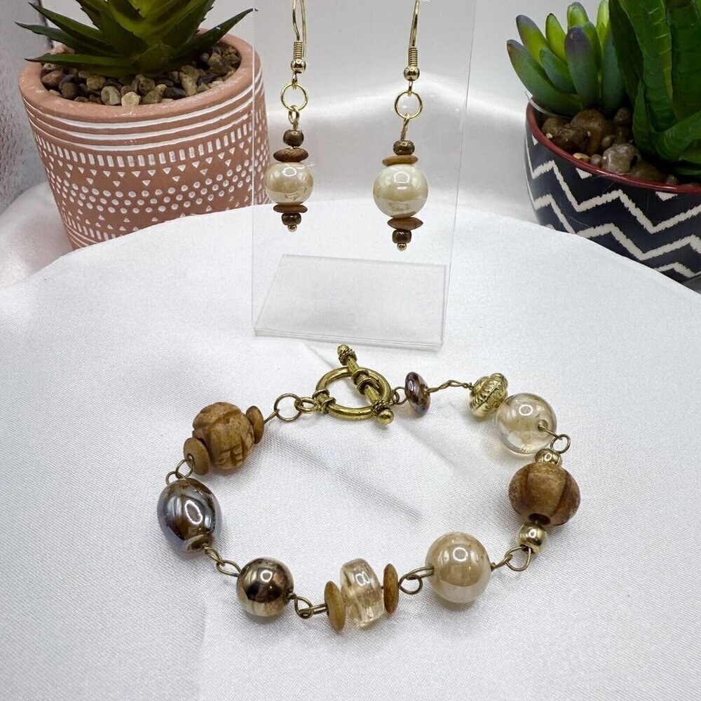 Iridescent Glass Bead Bracelet Earring Set Tan